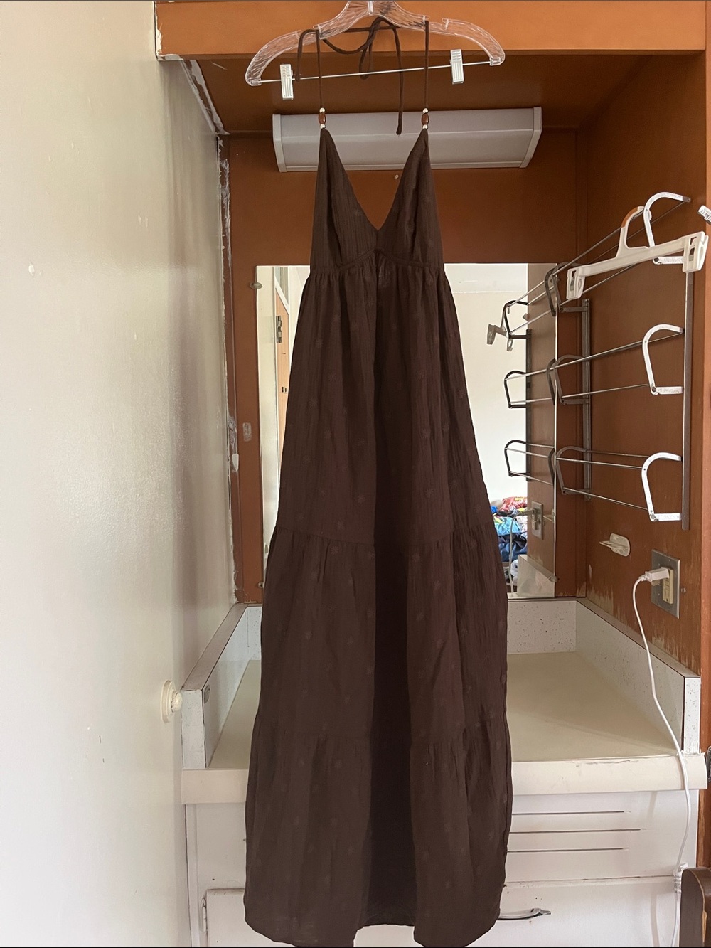 Women's Brown Tiered Maxi Dress - V-Neck neck tie